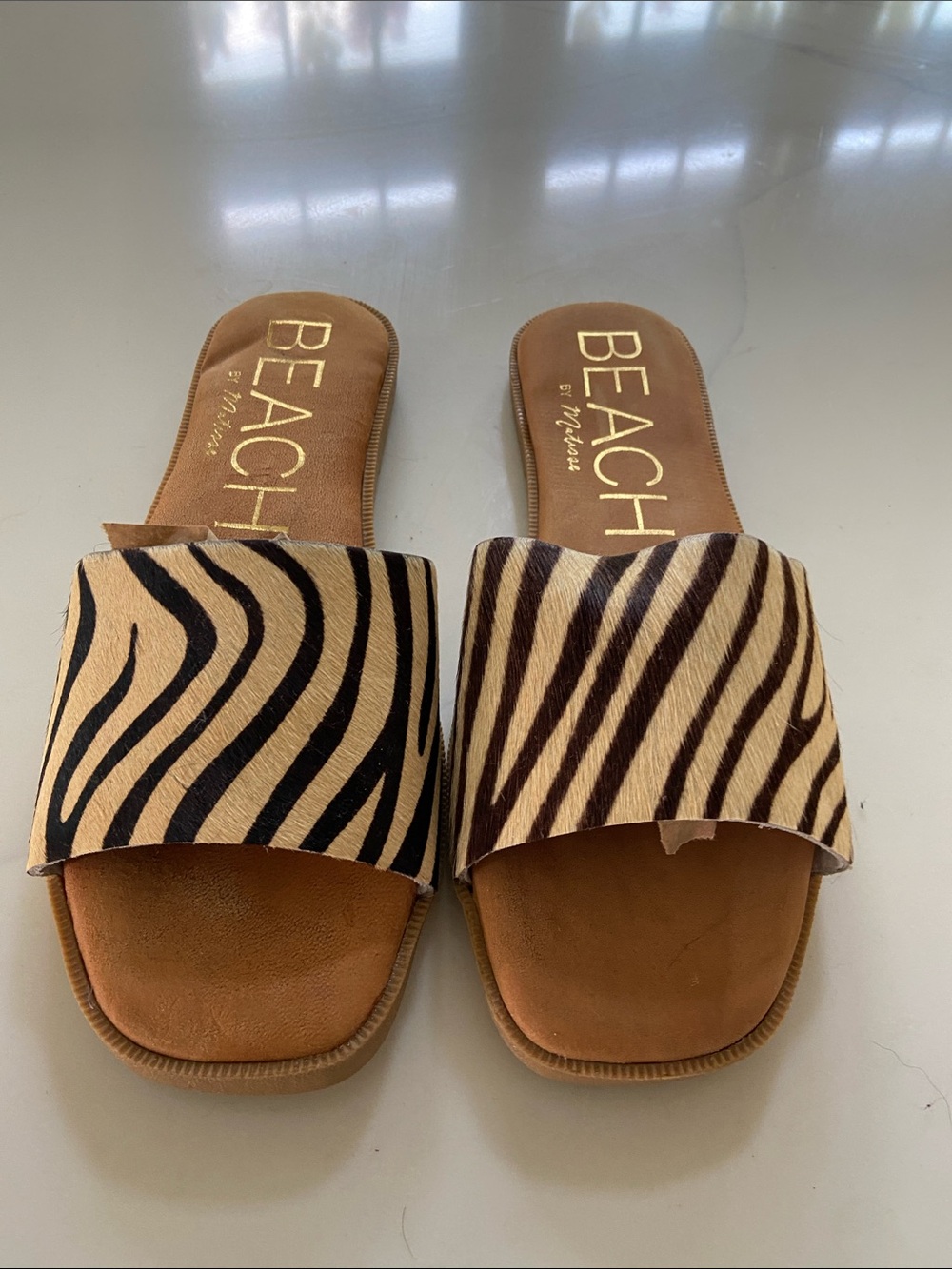 Matisse Zebra-Print Slide Sandals in Tan and Black